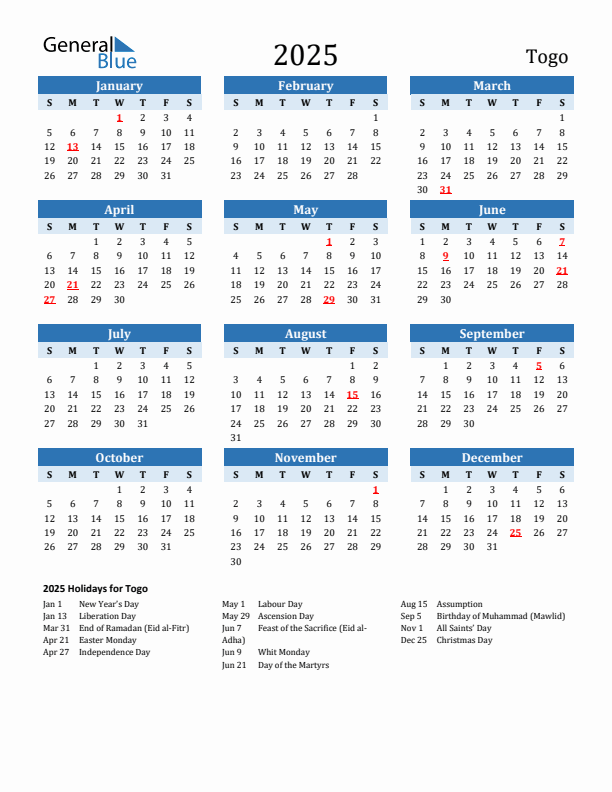 Printable Calendar 2025 with Togo Holidays (Sunday Start)