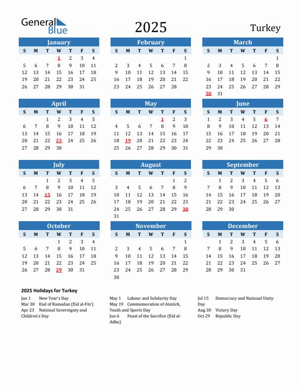 Printable Calendar 2025 with Turkey Holidays (Sunday Start)