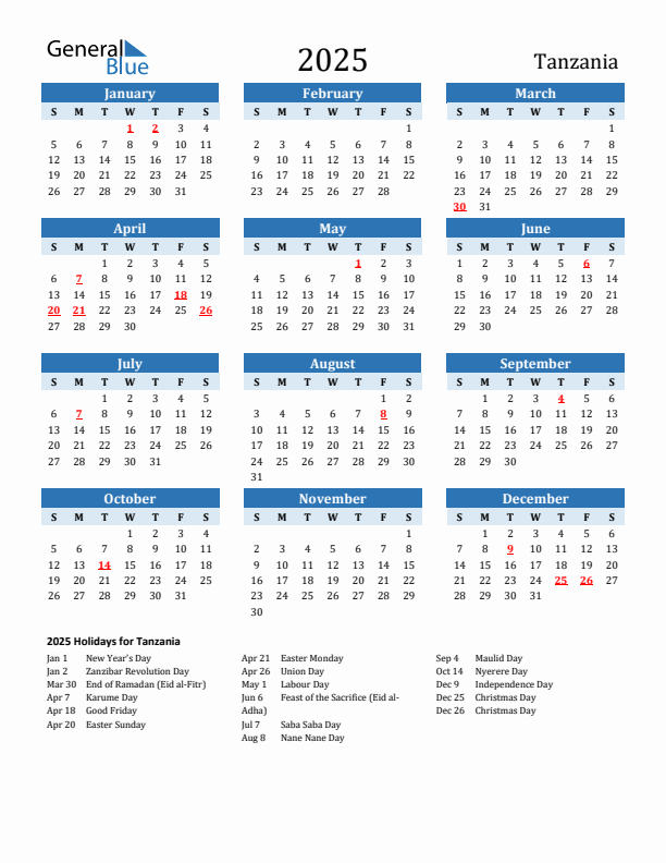 Printable Calendar 2025 with Tanzania Holidays (Sunday Start)