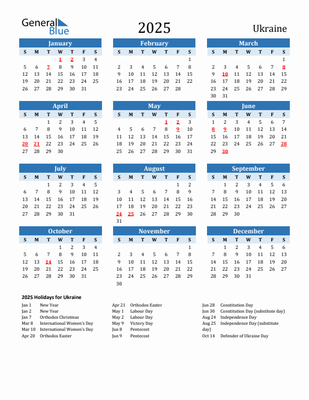 Printable Calendar 2025 with Ukraine Holidays (Sunday Start)