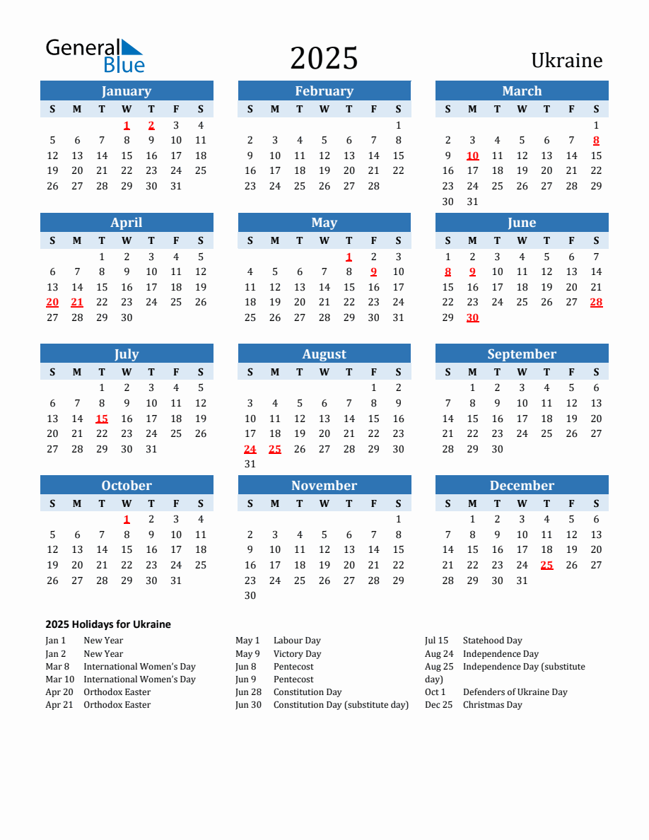 2025 Printable Calendar with Ukraine Holidays
