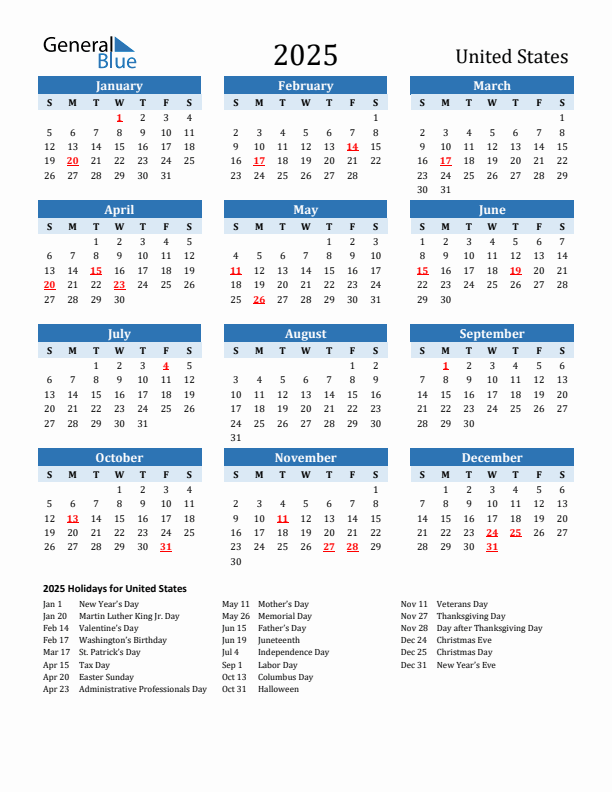 Printable Calendar 2025 with United States Holidays (Sunday Start)
