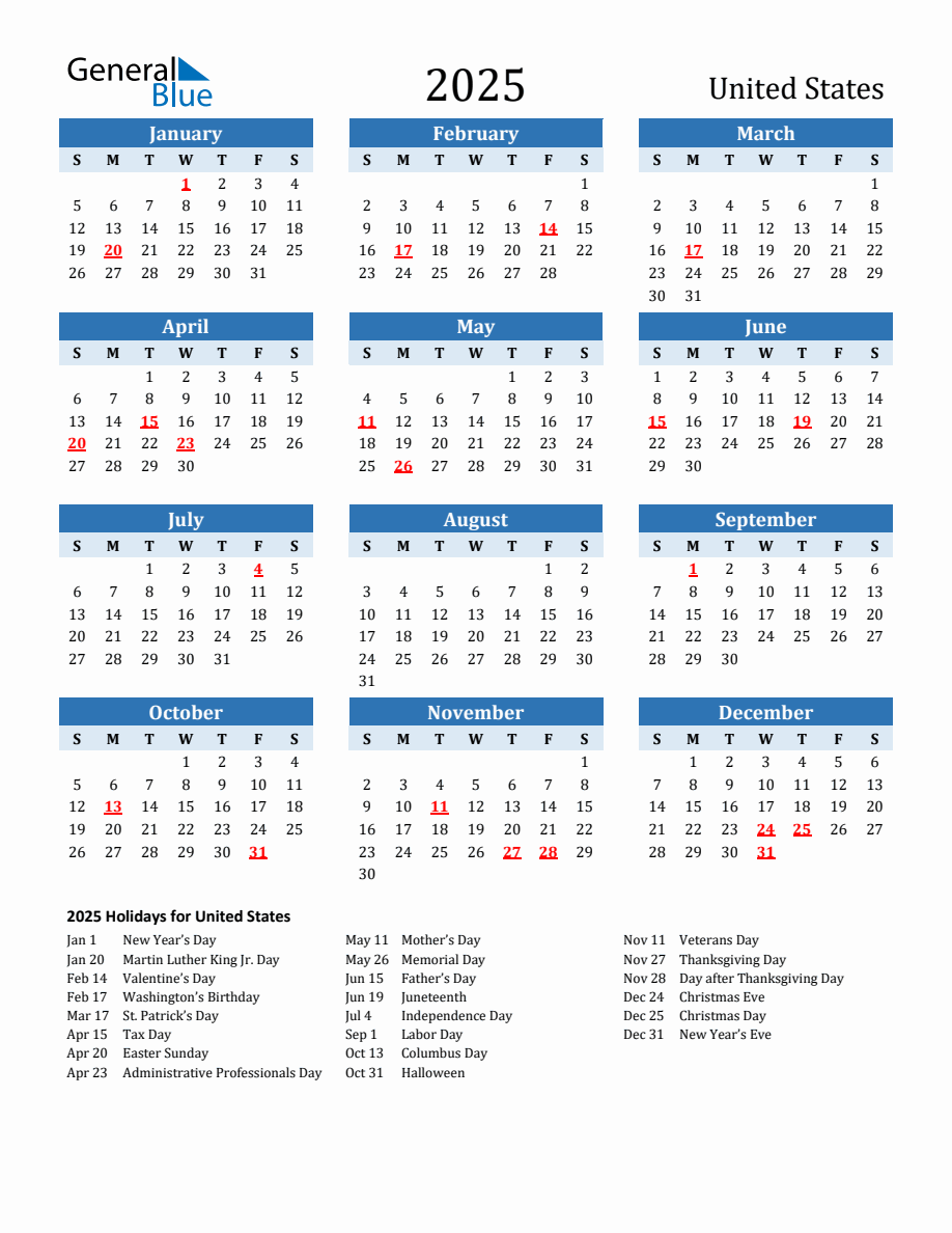 2025 Printable Calendar with United States Holidays