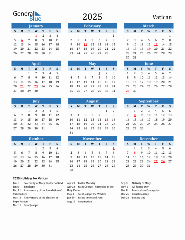Printable Calendar 2025 with Vatican Holidays (Sunday Start)