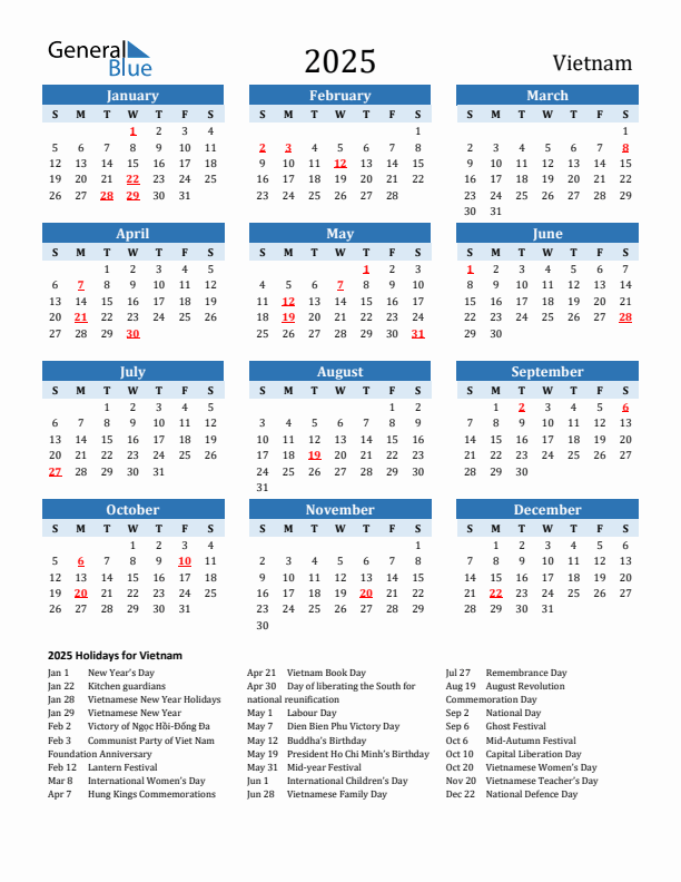 Printable Calendar 2025 with Vietnam Holidays (Sunday Start)