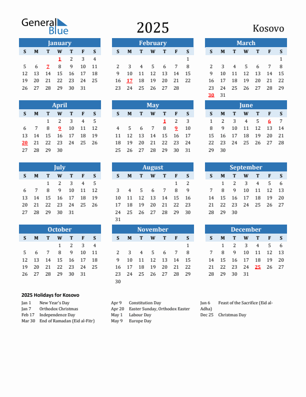 Printable Calendar 2025 with Kosovo Holidays (Sunday Start)