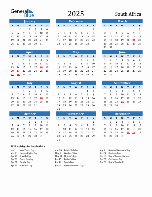 Printable Calendar 2025 with South Africa Holidays (Sunday Start)