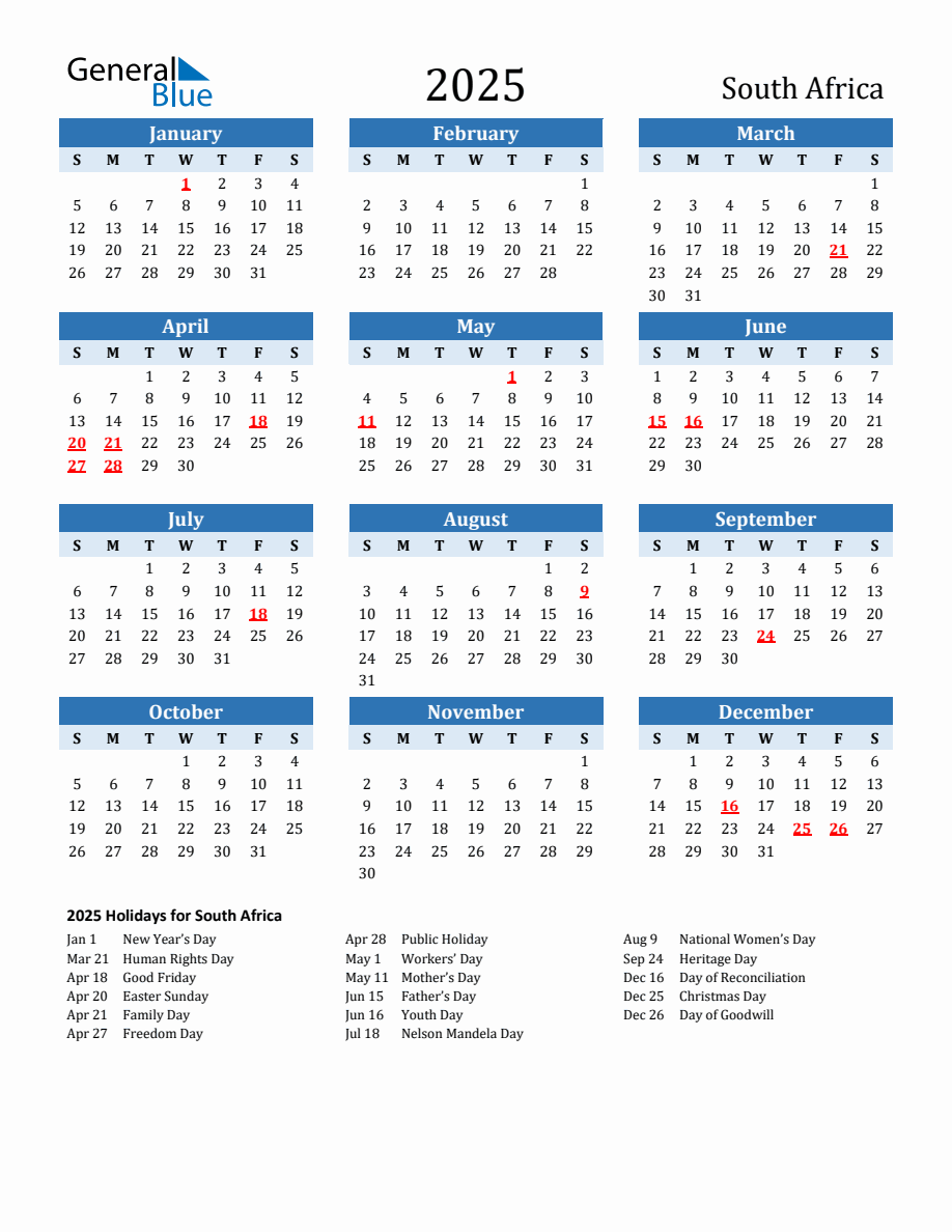 2025 Printable Calendar with South Africa Holidays