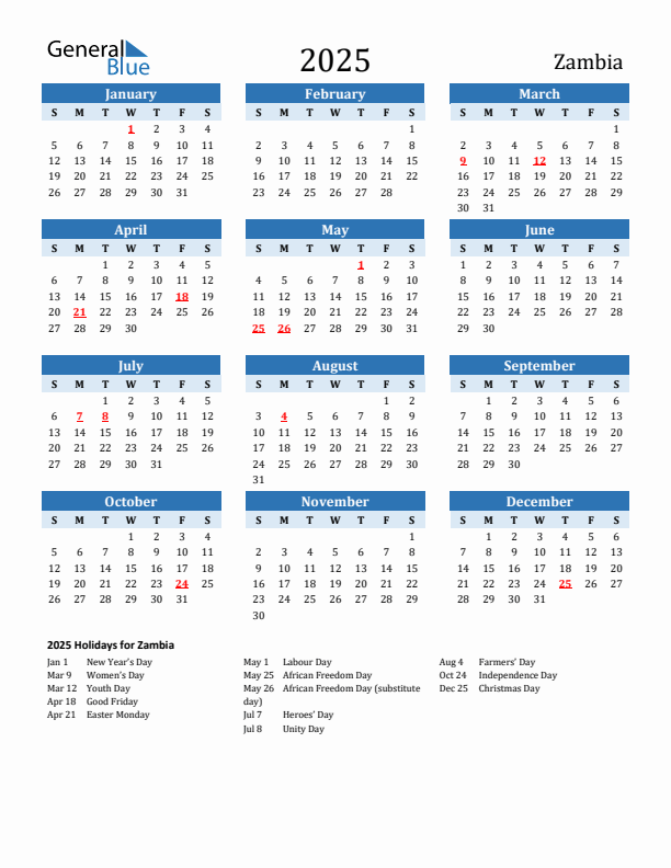 Printable Calendar 2025 with Zambia Holidays (Sunday Start)