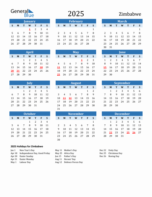 Printable Calendar 2025 with Zimbabwe Holidays (Sunday Start)