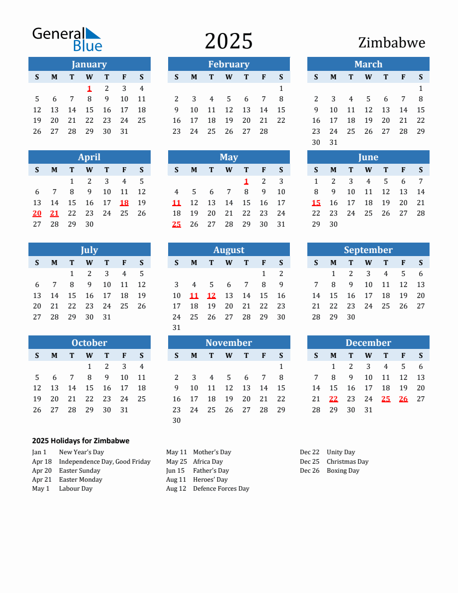 2025 Printable Calendar with Zimbabwe Holidays