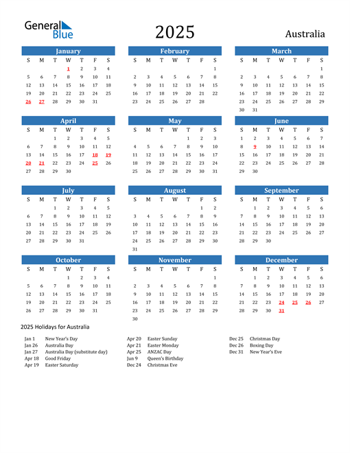 Australia Calendars with Holidays