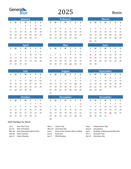 2025 Calendar with Benin Holidays