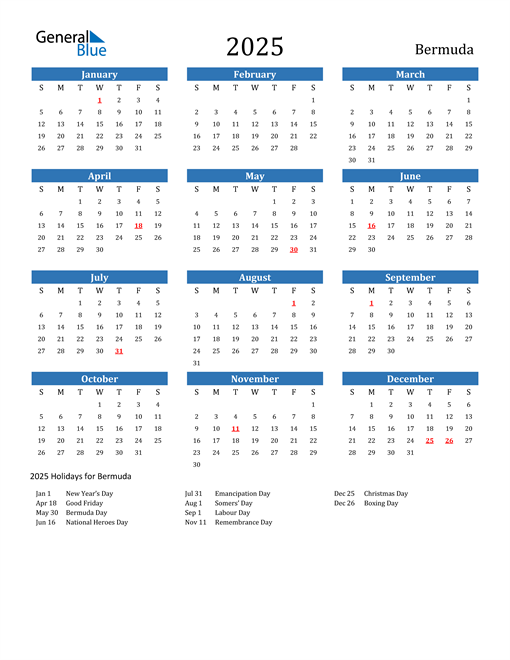 Bermuda 2025 Calendar with Holidays