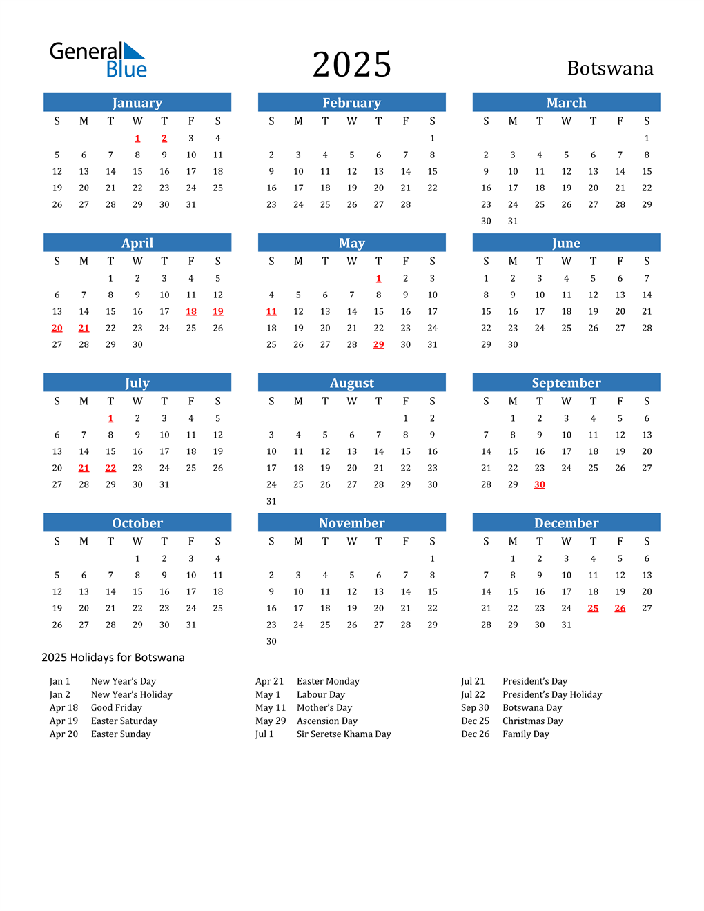 2025 Botswana Calendar with Holidays