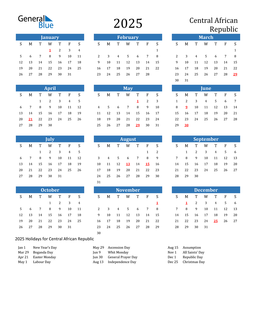 2025 Central African Republic Calendar with Holidays