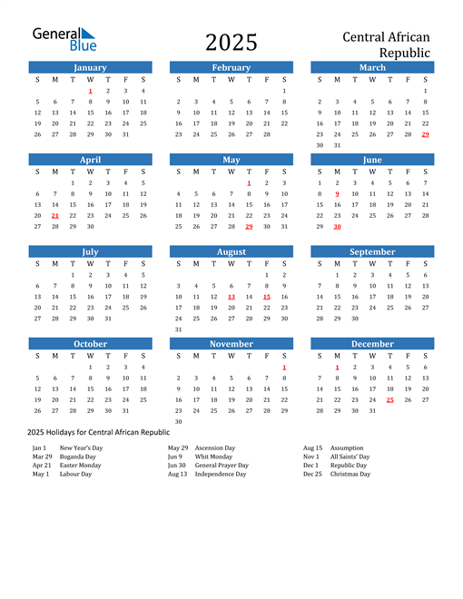 2025 Calendar with Central African Republic Holidays
