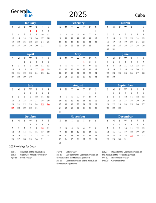 Cuba 2025 Calendar with Holidays