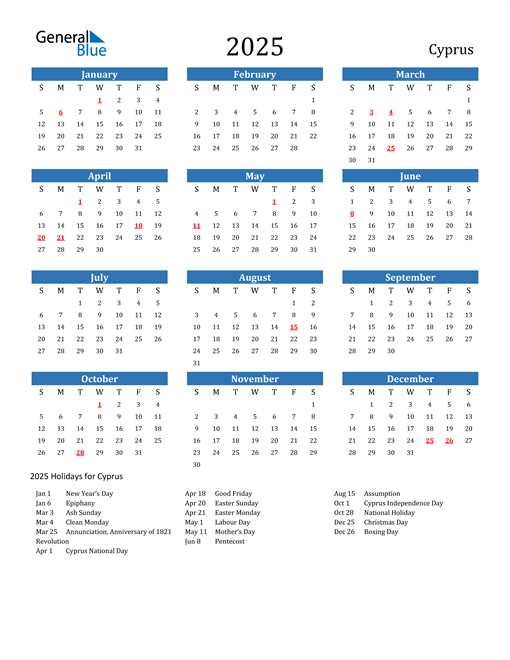 Cyprus 2025 Calendar with Holidays