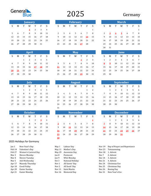 Germany 2025 Calendar with Holidays