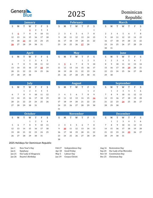 Dominican Republic Calendars with Holidays