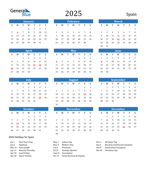 Spain 2025 Calendar with Holidays