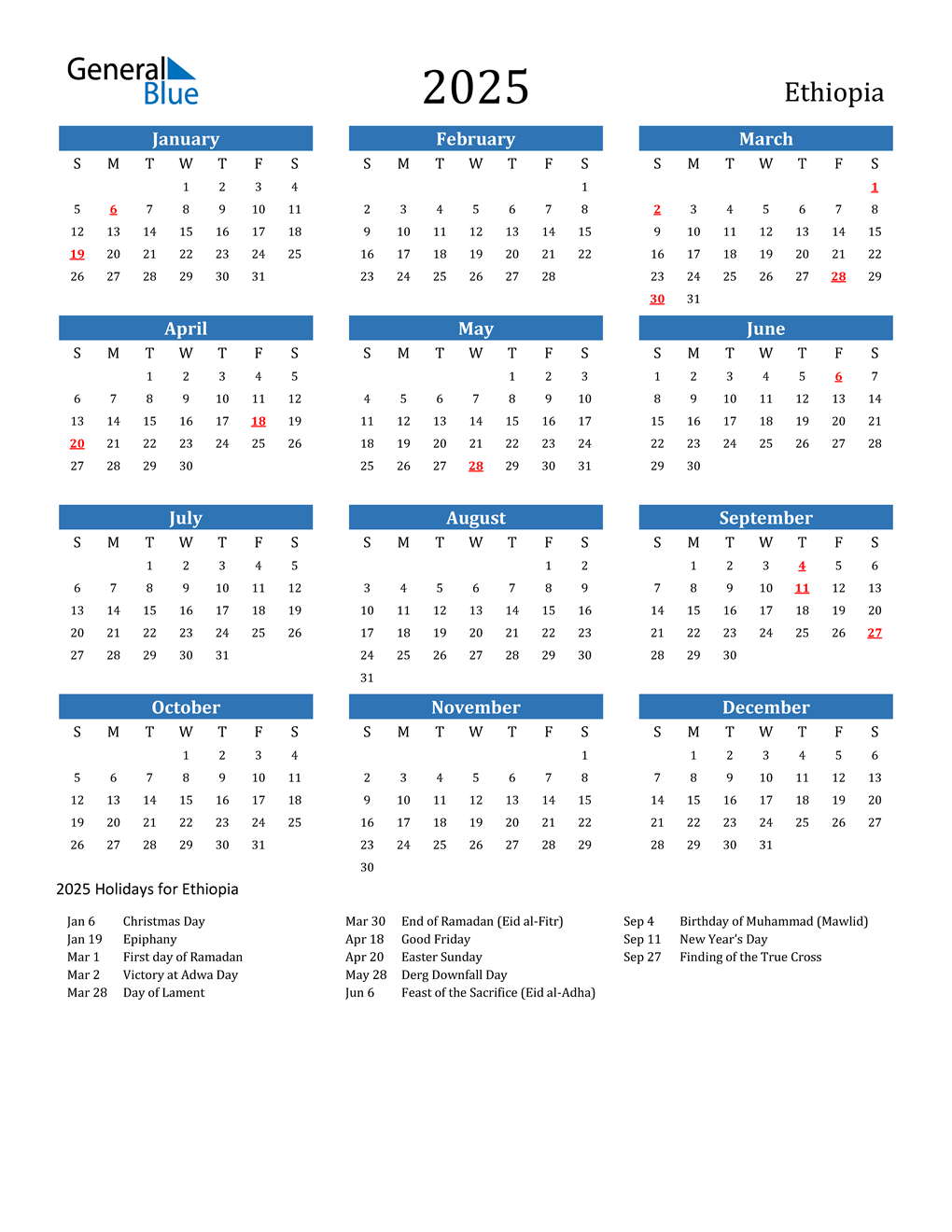 2025 Ethiopia Calendar with Holidays