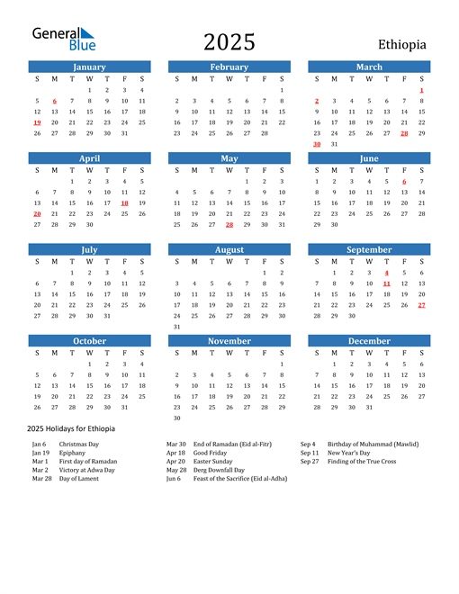 Ethiopia Calendars with Holidays
