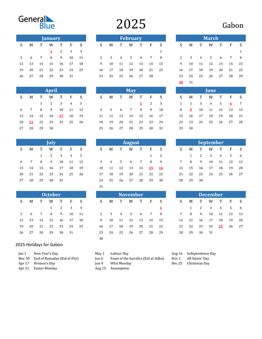 Gabon 2025 Calendar with Holidays