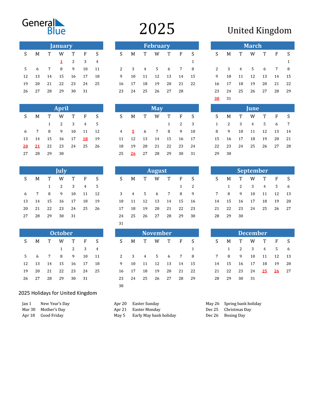 2025 United Kingdom Calendar with Holidays