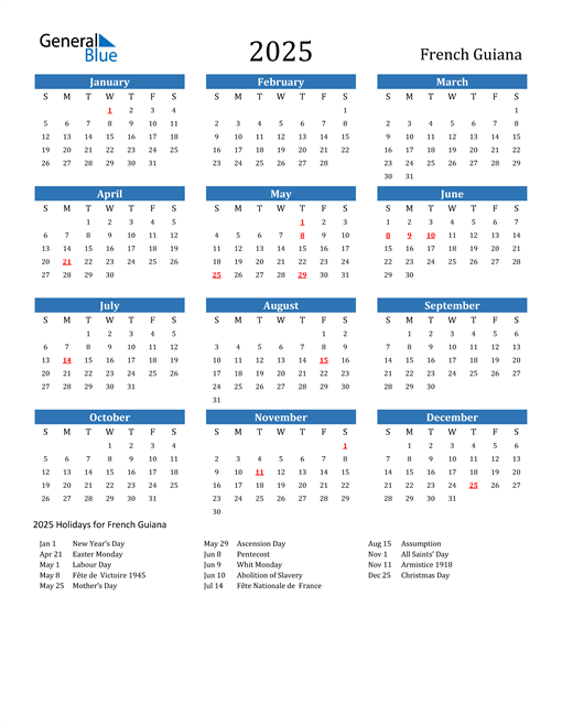 2025 French Guiana Calendar with Holidays