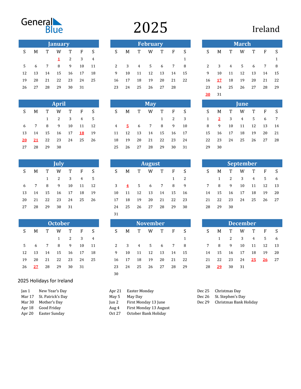 2025 Calendar With Holidays Ireland Printable Pdf Calendar Calendar