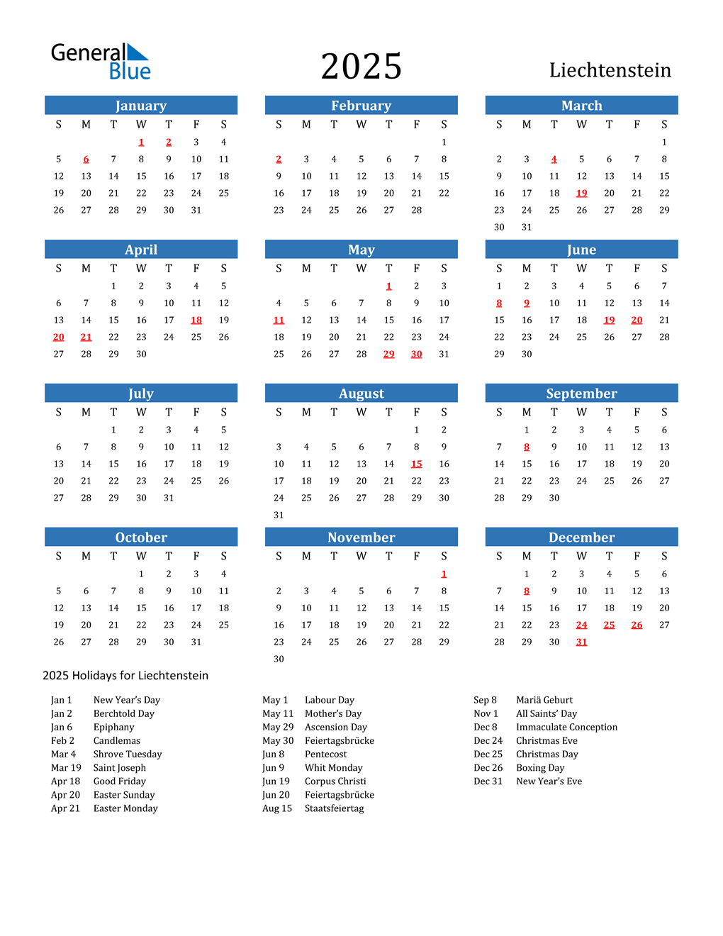 2025 Liechtenstein Calendar with Holidays