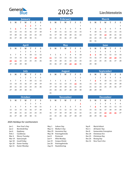 2025 Calendar with Liechtenstein Holidays