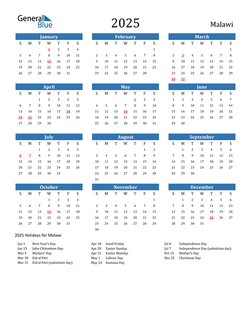 Malawi 2025 Calendar with Holidays