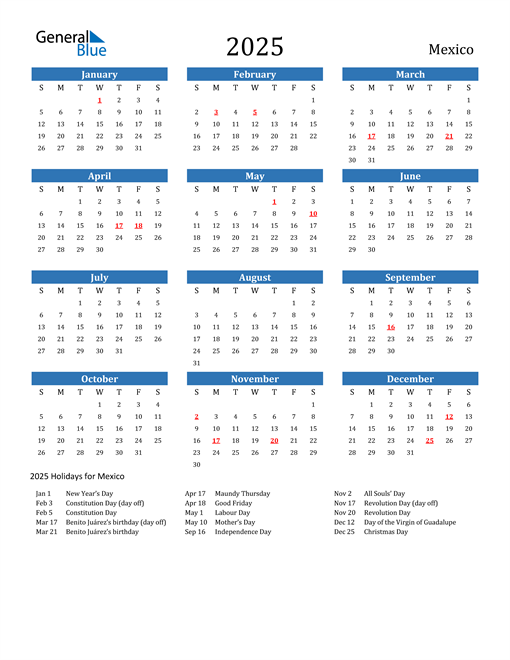 Mexico Calendars with Holidays