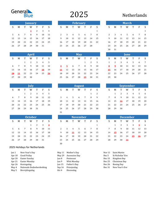 Netherlands Calendars with Holidays