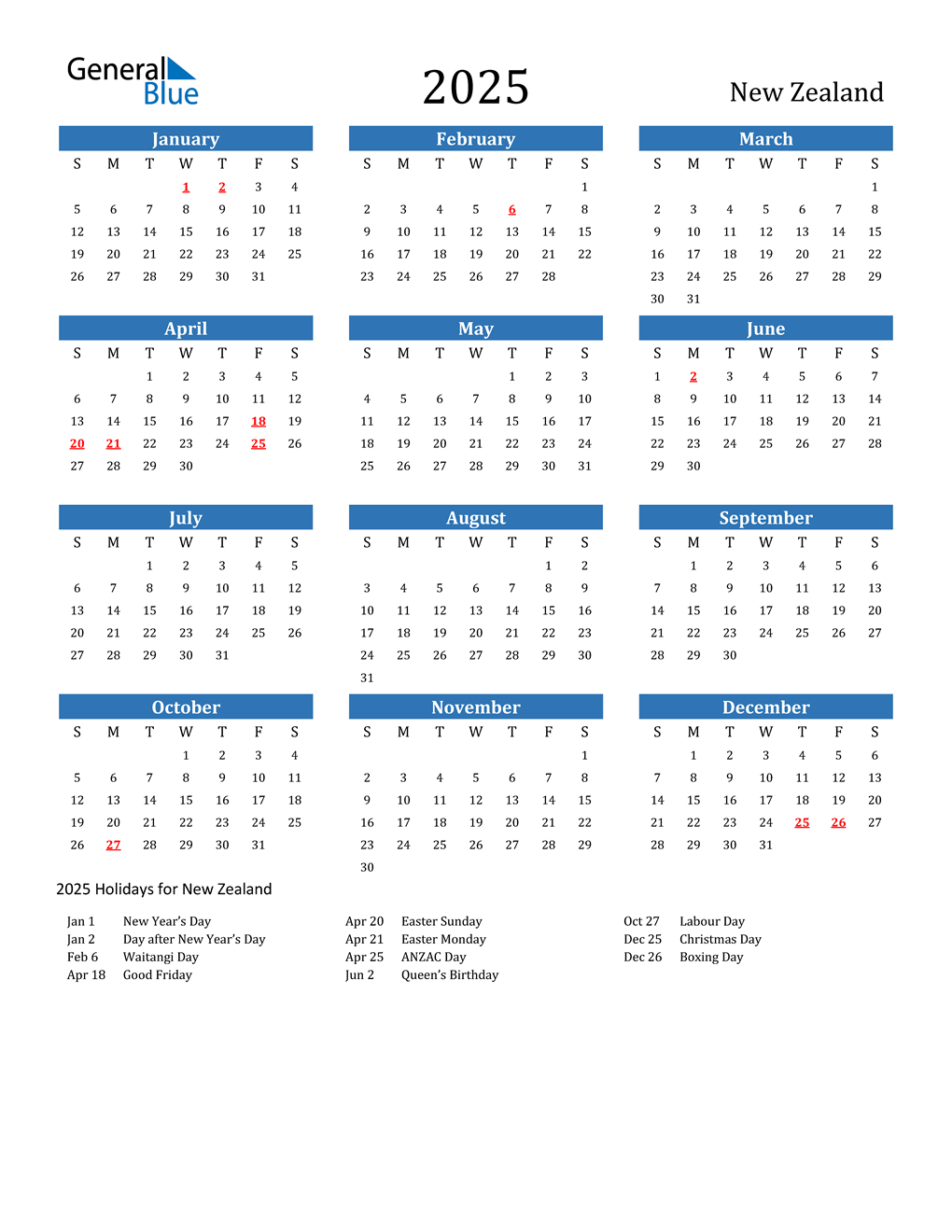 2025 New Zealand Calendar with Holidays