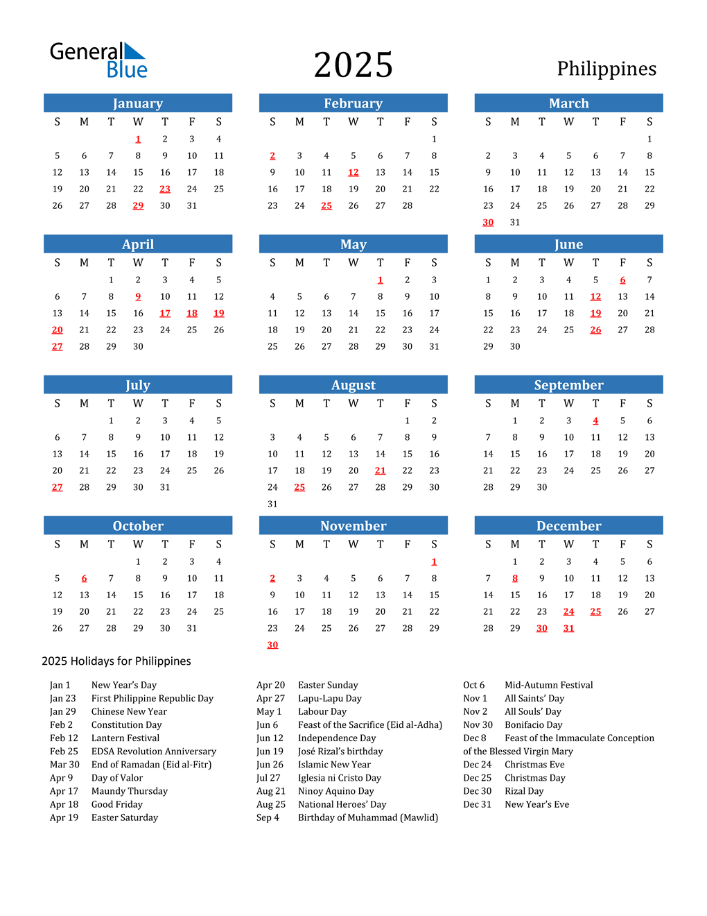 Year 2025 Calendar Philippines 