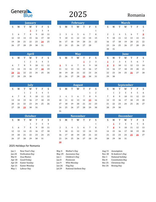 2025 Romania Calendar with Holidays