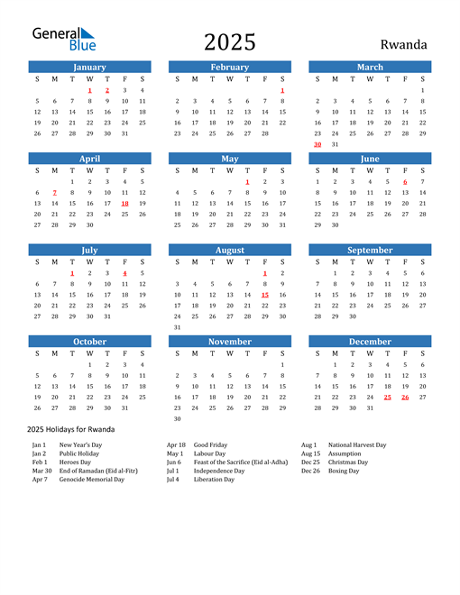 2025 Rwanda Calendar with Holidays