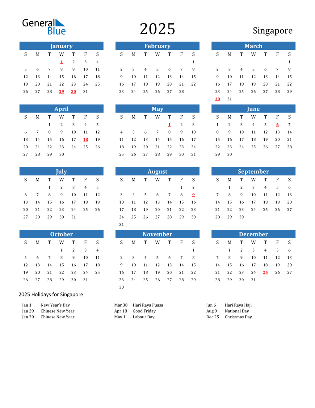 2025 Singapore Calendar with Holidays