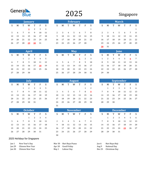 Singapore 2025 Calendar