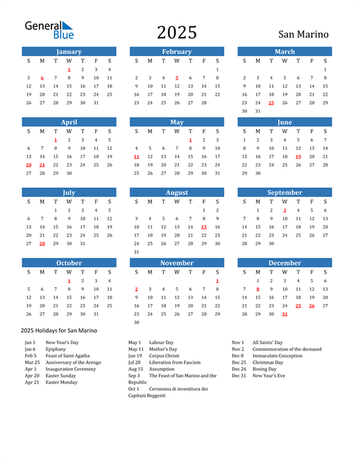 2025 Calendar with San Marino Holidays