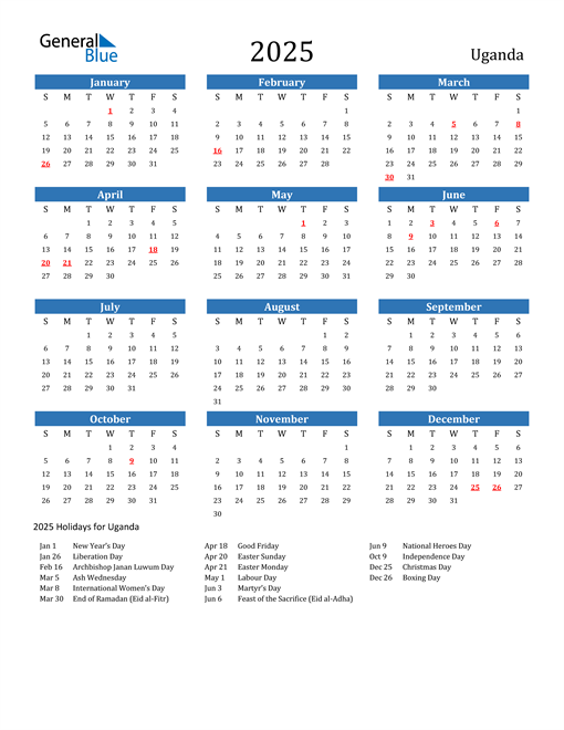 Uganda 2025 Calendar with Holidays