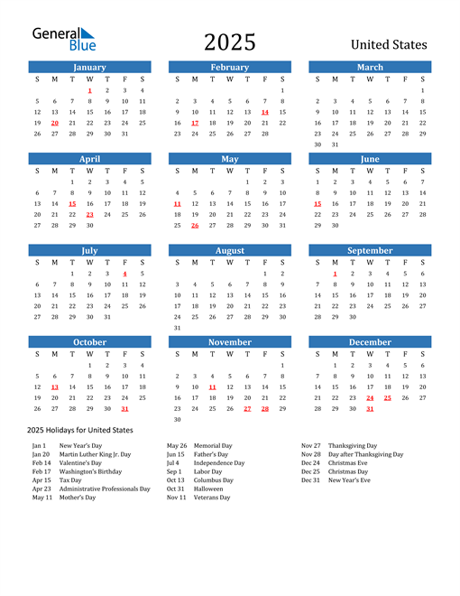 United States 2025 Calendar with Holidays