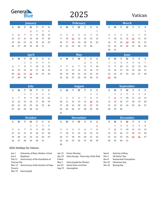 2025 Calendar with Vatican Holidays