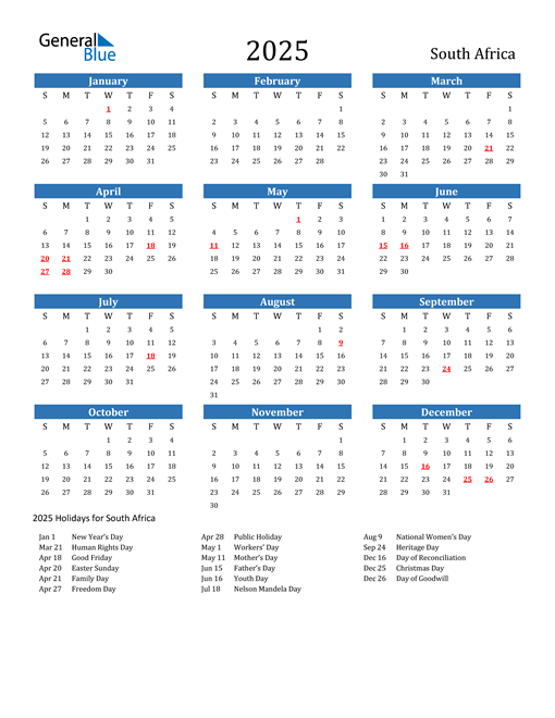 2025 Calendar South Africa 