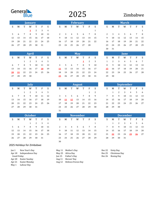 Zimbabwe Calendars with Holidays