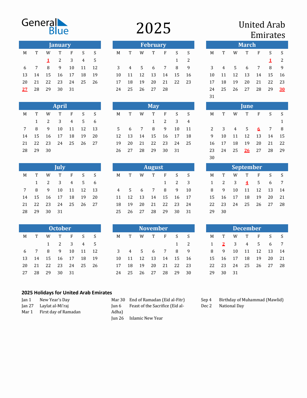 2025 Holiday Calendar for United Arab Emirates Monday Start